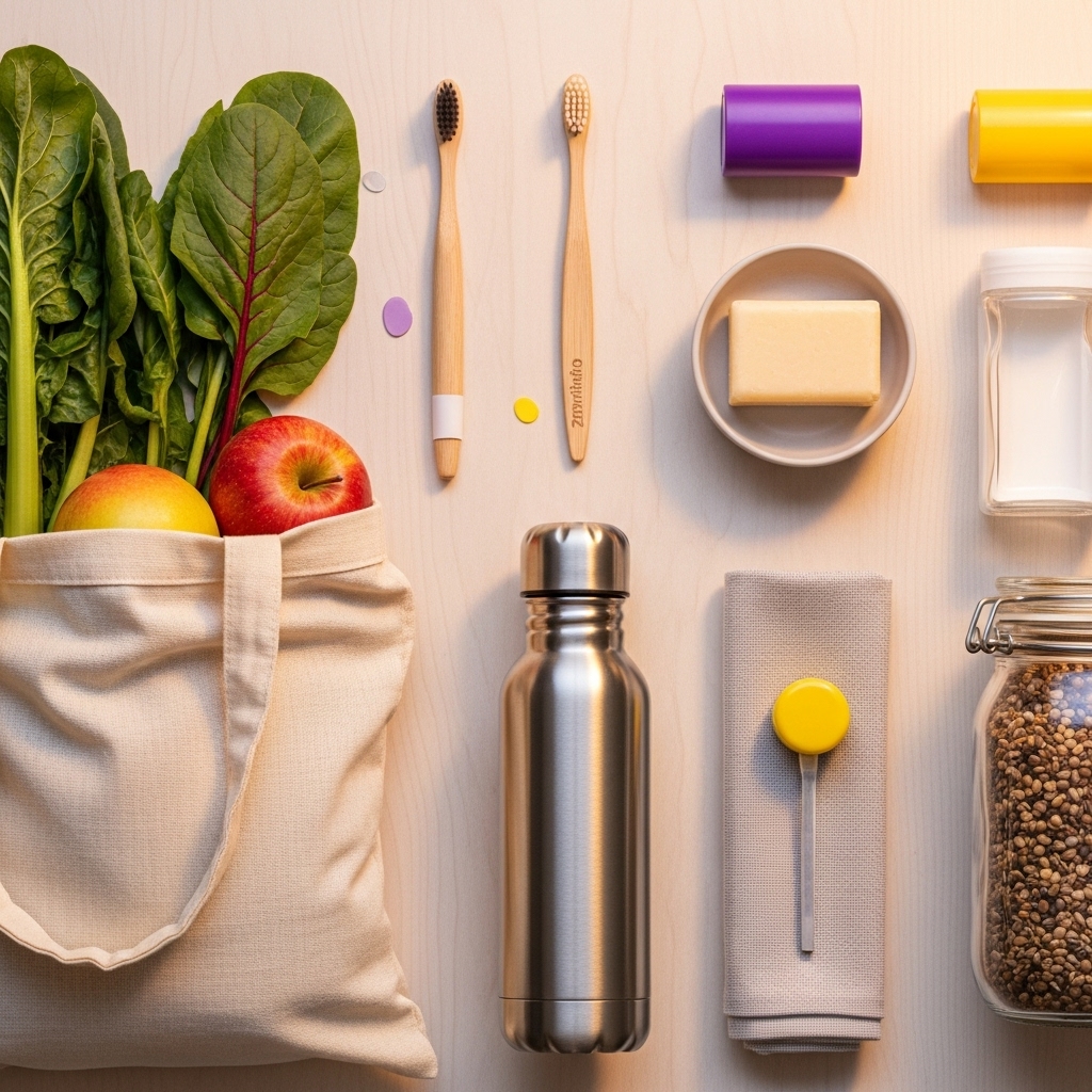 재사용 가능한 장바구니, 텀블러, 대나무 칫솔 등 다양한 제로 웨이스트 물품들이 깔끔하게 배열된 모습. 친환경적인 삶의 실천을 보여줍니다.