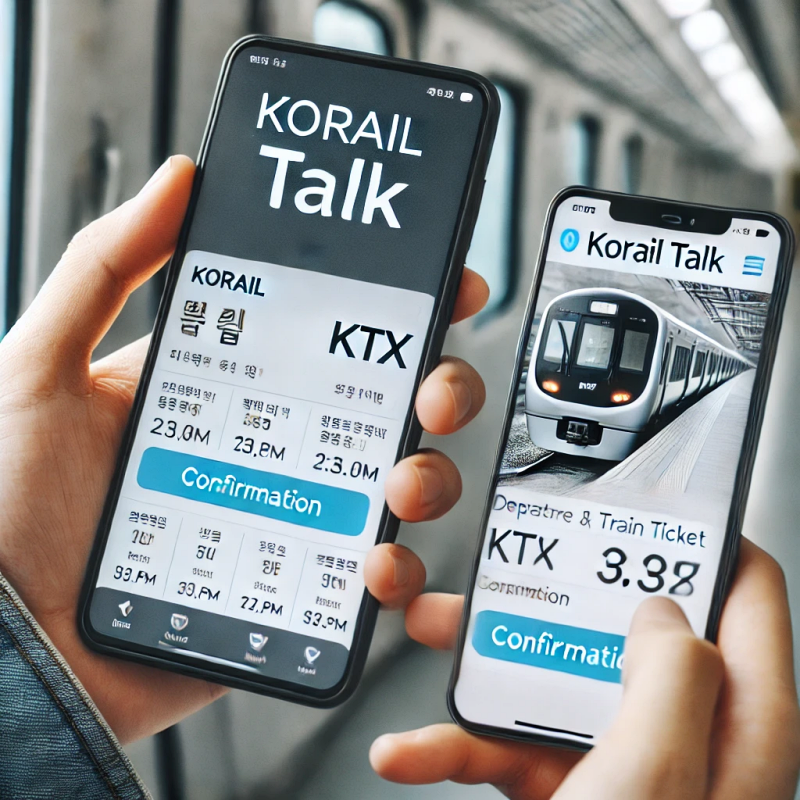 코레일톡 앱으로 KTX 티켓을 예약하는 여행자, 스마트폰에 예약 완료 화면이 표시된 모습