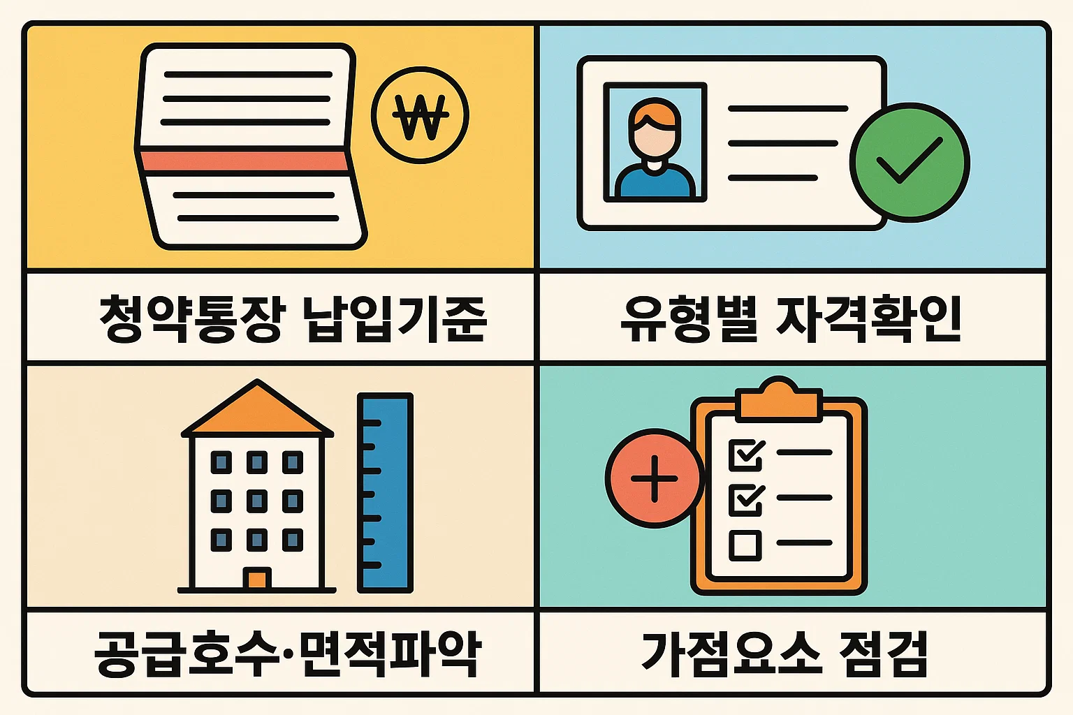 경기 공공분양예정 아파트 청약을 위한 청약통장 납입기준, 유형별 자격확인, 공급호수&middot;면적 파악, 가점요소 점검 내용을 담은 실전 준비 체크리스트 인포그래픽