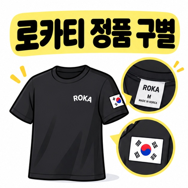 로카티 정품 구별 문구와 검은색 기능성 티셔츠, 의류 라벨을 보여주는 대표 카드