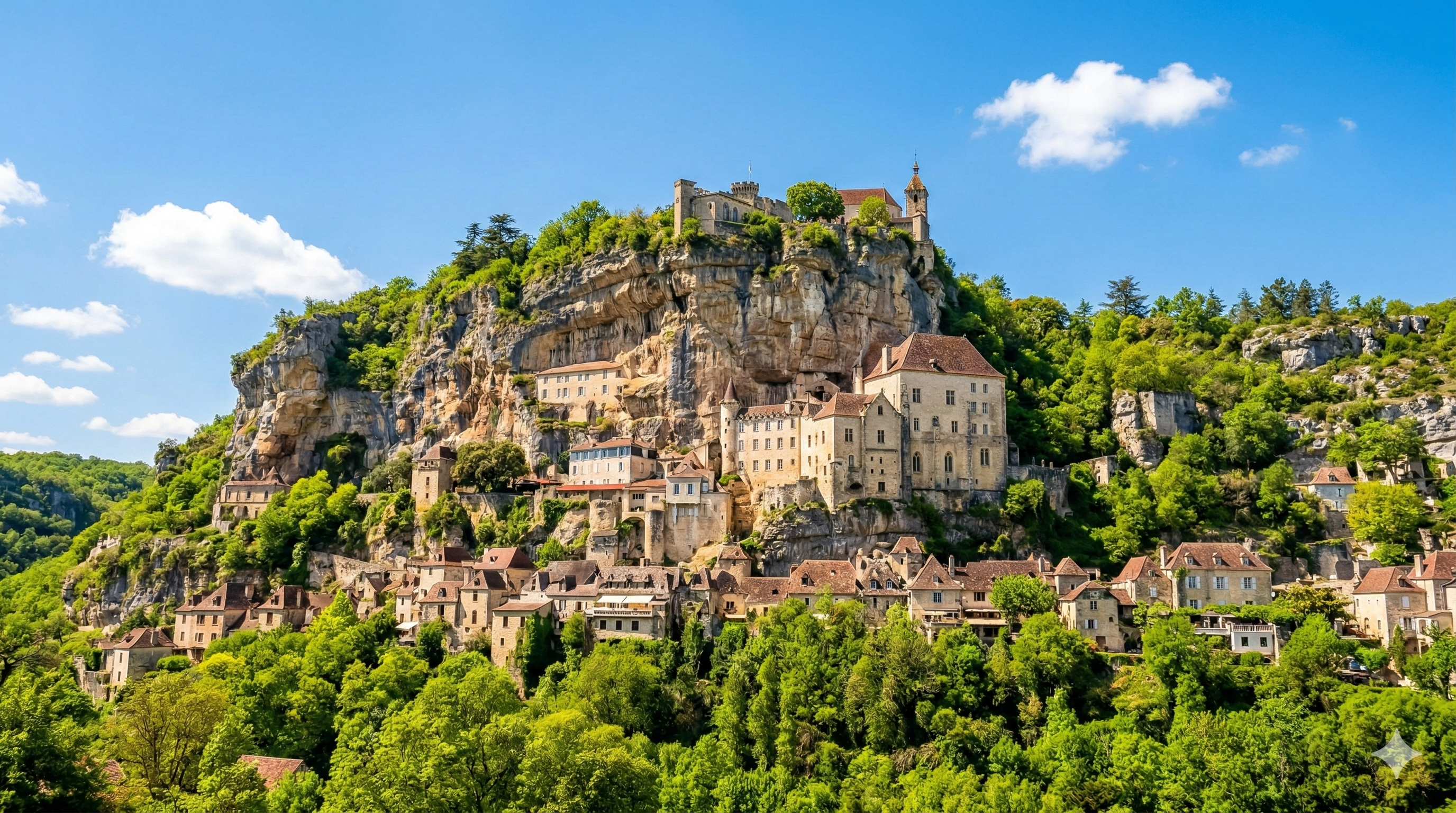 5월의 눈부신 햇살 아래 빛나는 프랑스 로카마두르 절벽 마을의 웅장한 전경