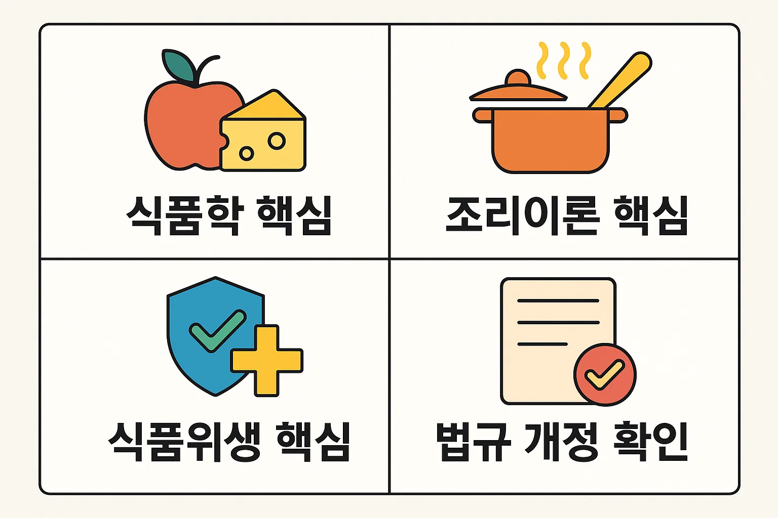 식품학, 조리이론, 식품위생, 법규 등 필기에서 자주 출제되는 핵심 개념을 빠르게 파악할 수 있도록 구성된 요약 이미지
