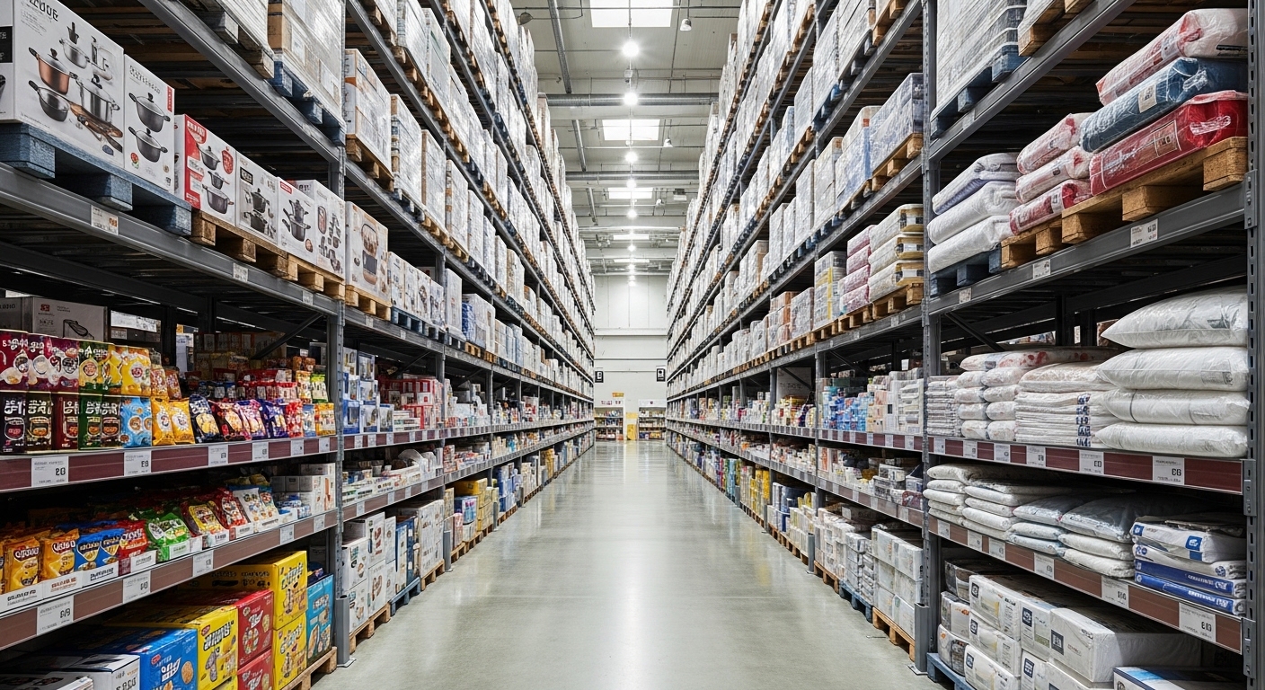 생활용품과 잡화가 가득 쌓인 초대형 할인매장 내부 전경 