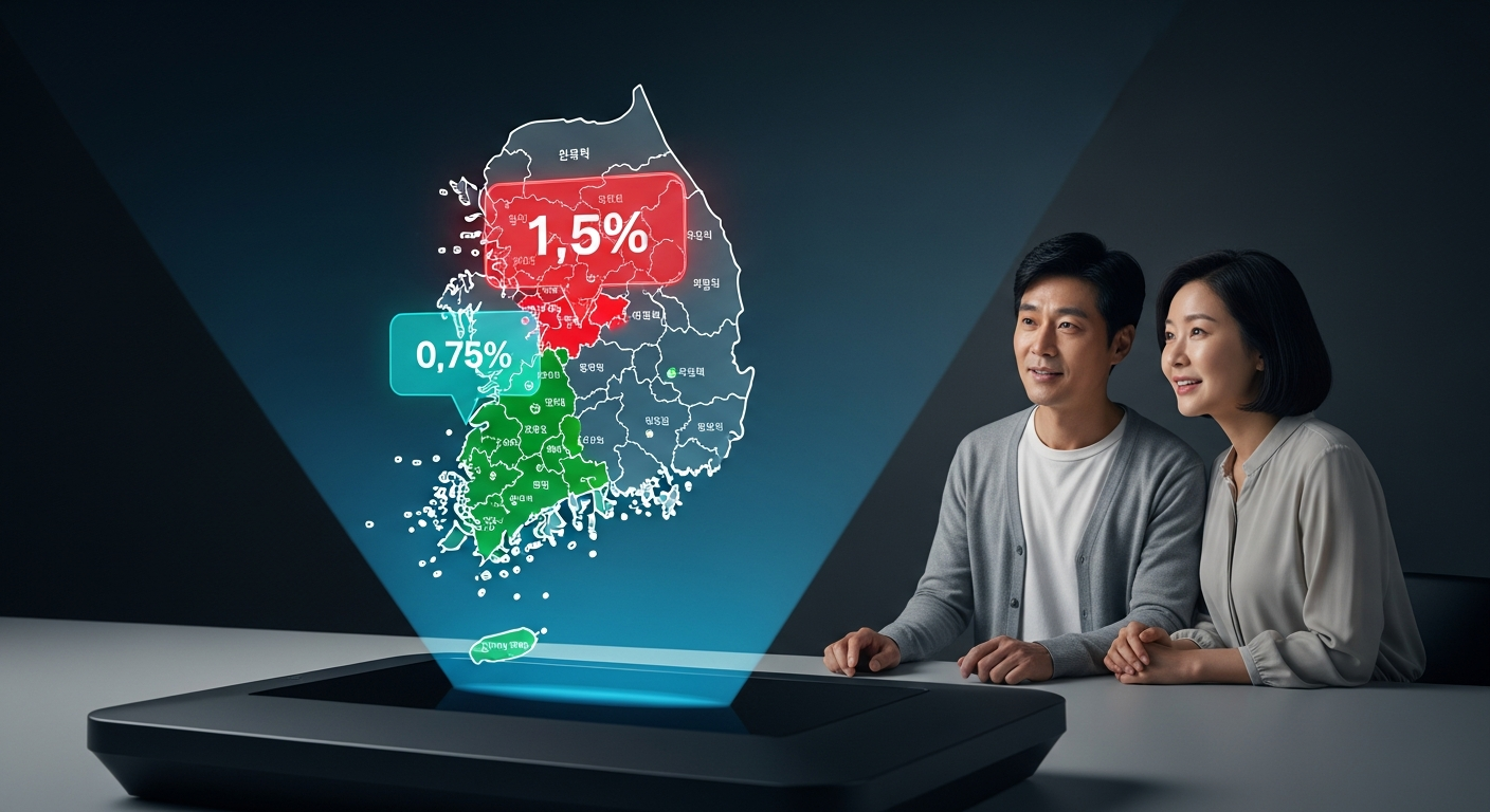 검은색 세련된 기기에서 투사된 한국의 3D 홀로그램 지도. 수도권 지역은 '1.5%' 텍스트 홀로그램과 함께 빨간색으로 강조되어 있고, 남부 지방은 '0.75%' 텍스트와 함께 녹색으로 강조되어 있습니다. 한국의 동안 중년 부부(검은 머리)가 지도를 관찰하고 있습니다.