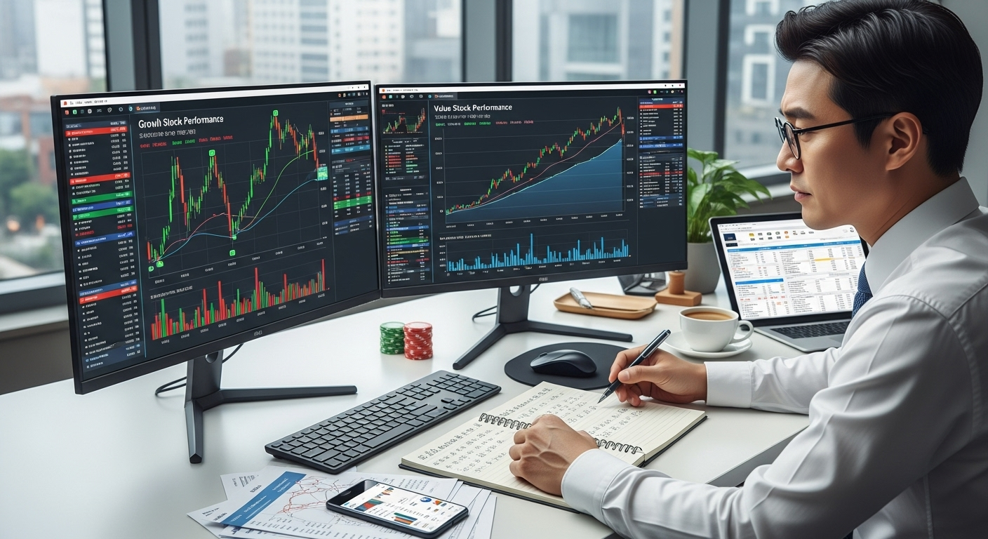 성장주와 저평가주를 비교 분석하며 투자 전략을 고민하는 한국 주식 투자자
