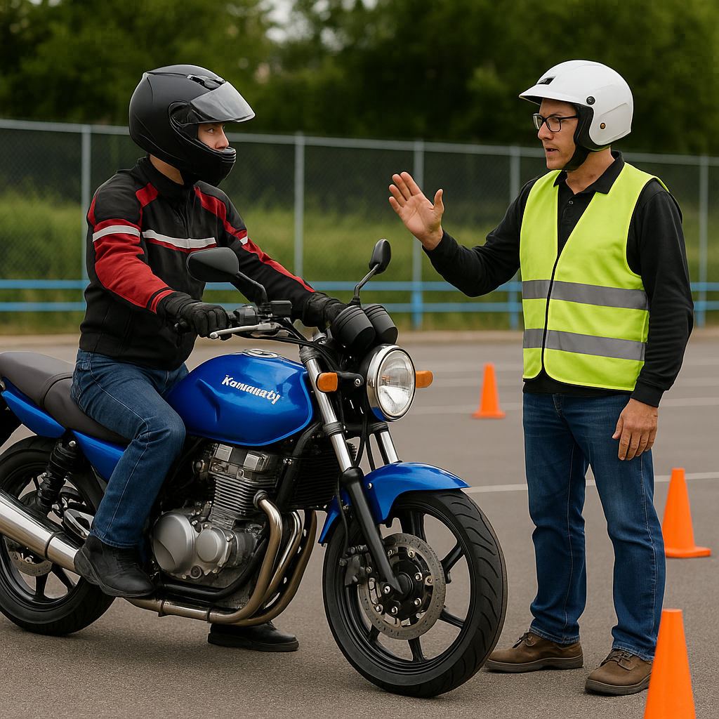 오토바이 학원에서 강사에게 배우는 장면