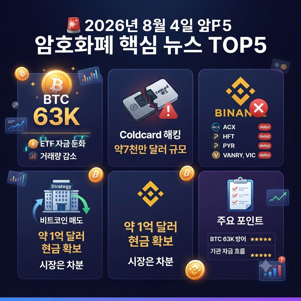 다크 블루 배경의 암호화폐 시장 인포그래픽으로, 상단에 "🚨 2026년 8월 4일 암P5"와 더 크고 명확하게 "암호화폐 핵심 뉴스 TOP5"라는 제목이 기재되어 있습니다.