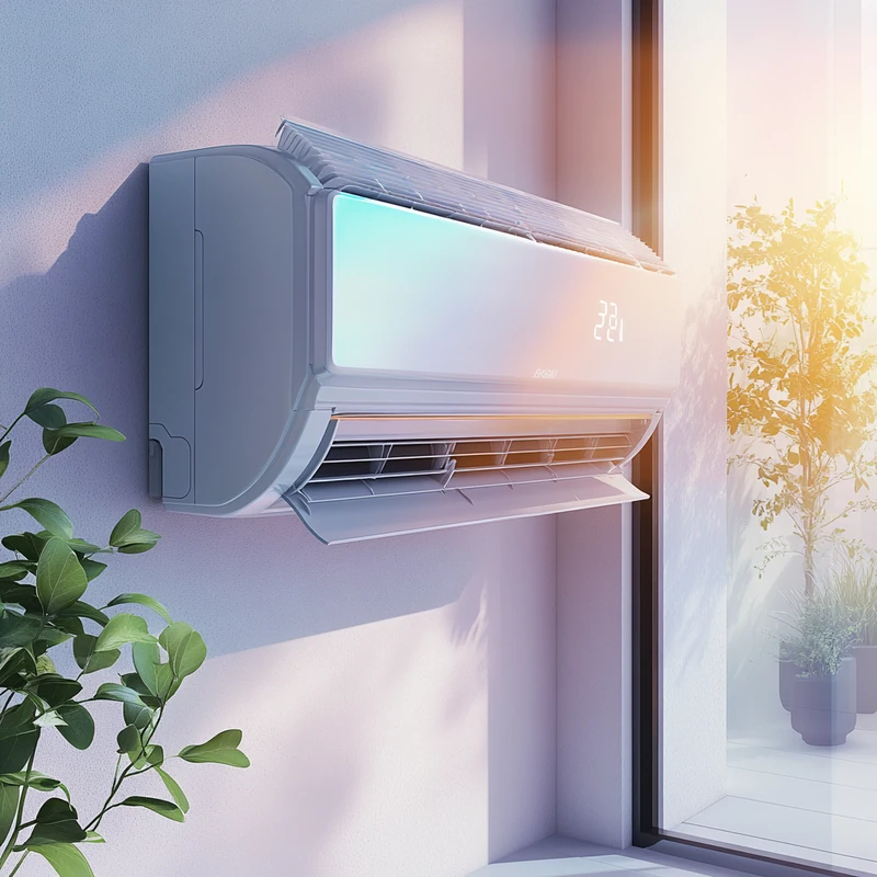 최신 에어컨의 에너지 효율성과 친환경 작동 방식을 보여주는 기술적 다이어그램입니다. 높은 에너지 절약과 환경에 미치는 영향을 최소화한 혁신 기술을 설명합니다.