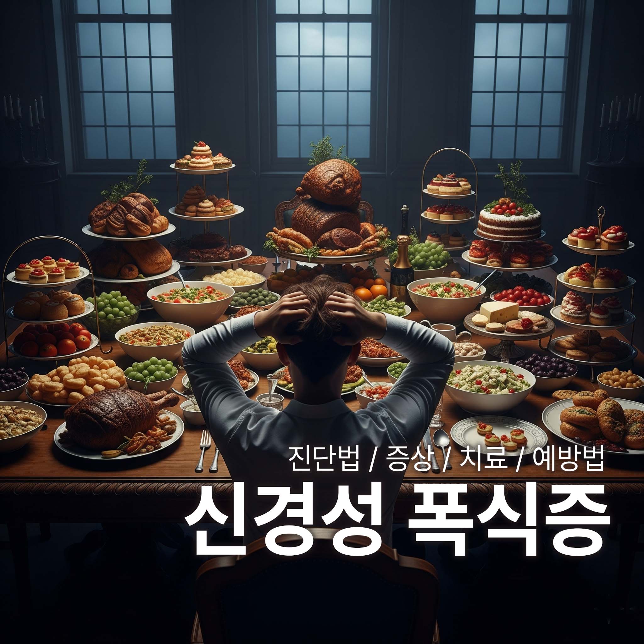 신경성 폭식증인 사람이 엄청 차려져 있는 음식 앞에서 자책하며 머리를 쥐고 있다