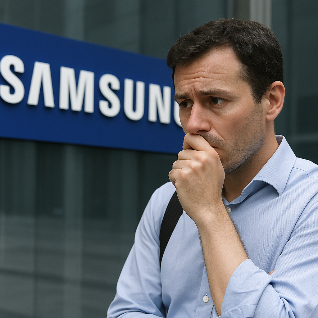 삼성전자 로고 앞 실적 발표 대비 긴장한 투자자 이미지