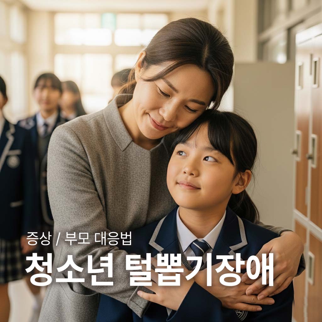 눈썹이 비어있는 학생을 부모가 따뜻하게 안아주고 있다