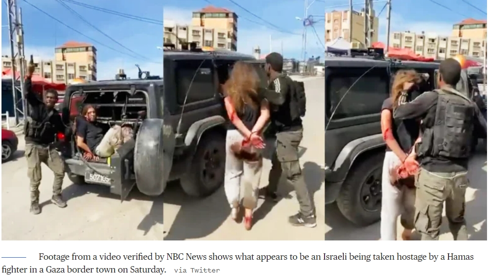 하마스,&nbsp;이스라엘&nbsp;군인&middot;민간인&nbsp;최소&nbsp;수십명&nbsp;인질로 잡아가 Video appears to show Hamas taking Israeli civilian hostage