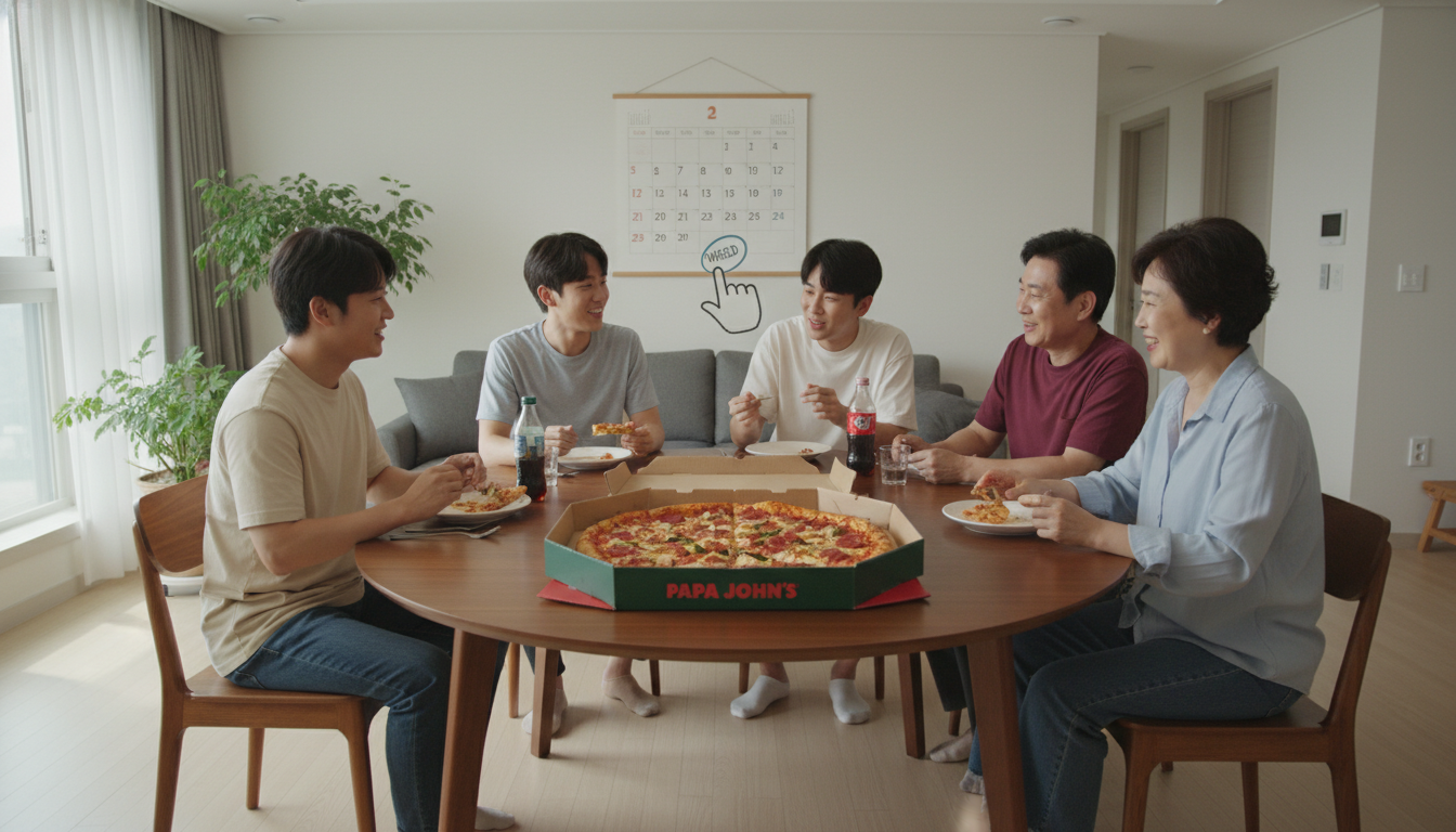 수요일 라지데이 할인을 이용해 파파존스 피자를 먹는 한국인 친구들