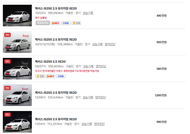 렉서스 LS 중고차 가격 시세표 연비