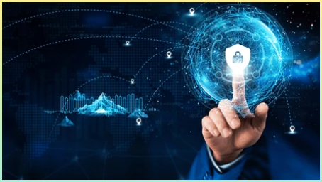 사이버 보안: 손으로 글로벌 네트워크 연결 및 데이터 교환, 기술 구조를 직접 만질 수 있음. 다크 백그라운드에서 혁신 네트워킹, 위협 탐지, 데이터 보호, 위험 관리.