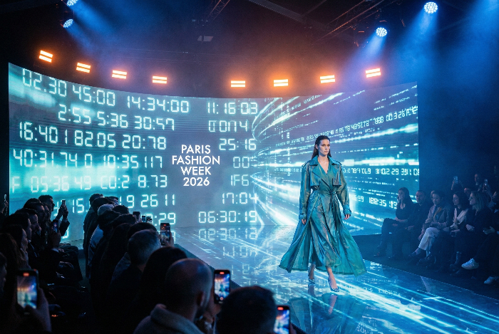 2026년 팬톤 올해의 컬러 트랜스포머티브 틸을 활용한 글로벌 패션 위크 런웨이 시각화 이미지.