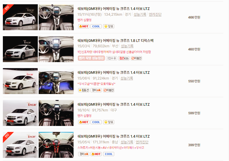 쉐보레 크루즈 중고차 가격 시세표 24년10월