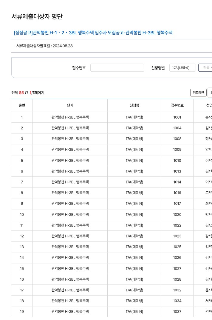 관악봉천 H3 행복주택 17A 대학생 서류제출대상자 명단