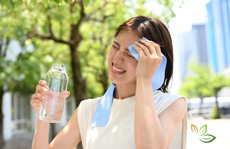 여름철 운동 후 물병을 들고 수건으로 땀을 닦는 건강한 여성, 도시 공원 배경 via canva