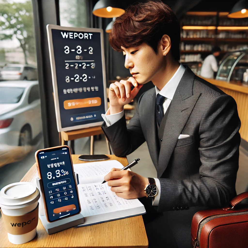 점심시간에 카페에서 영어공부를 하고 있는 직장인 남성