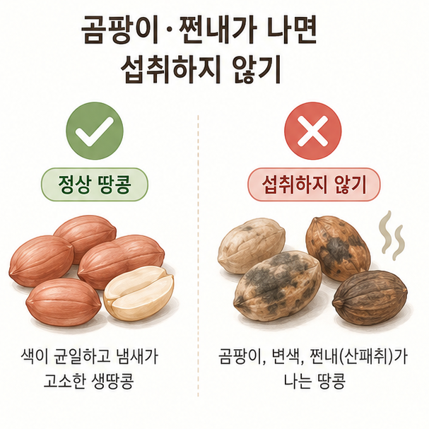 정상 땅콩과 곰팡이·변색·쩐내가 의심되는 땅콩을 비교한 이미지
