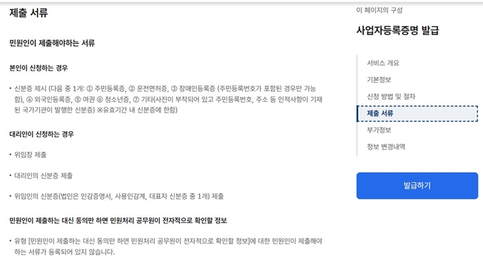 사업자등록증명원 발급 제출서류