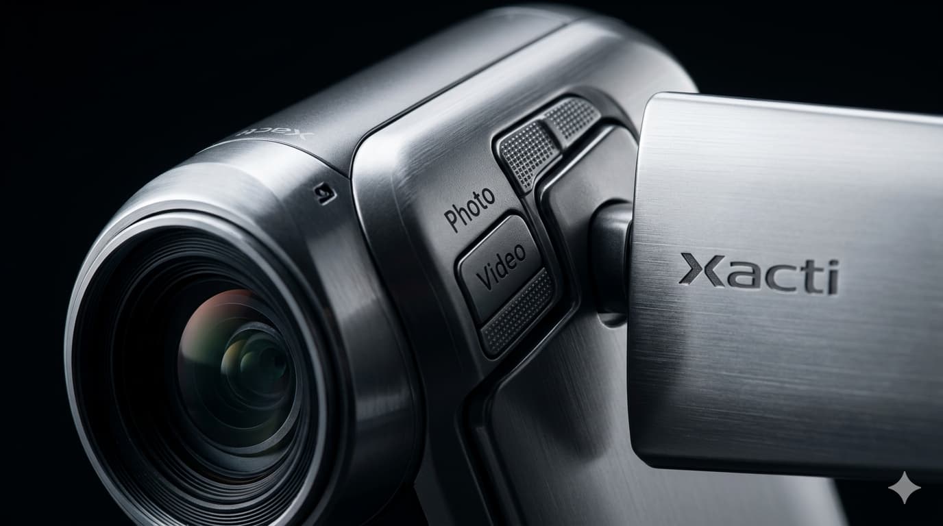 산요 작티 카메라의 메탈릭한 바디와 하이브리드 전용 버튼 접사. 렌즈 질감과 로고 각인이 선명하게 보이는 정교한 스튜디오 조명 촬영본.