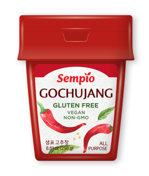 Sempio Gochujang (250g) labeled gluten-free, vegan, and non-GMO, featuring illustrations of red chili peppers and green leaves