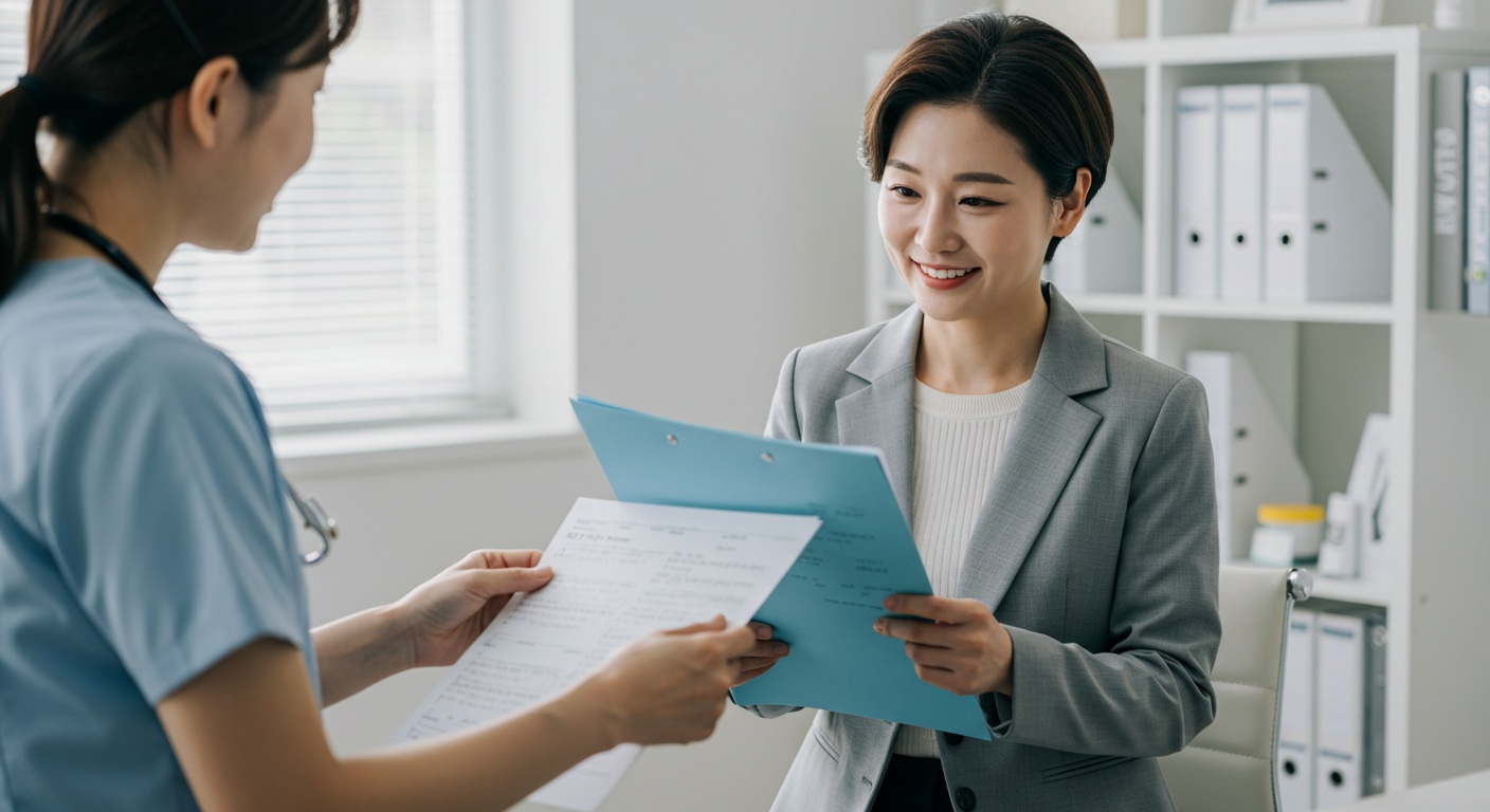 건강검진 결과를 보며 안도하는 소상공인의 모습