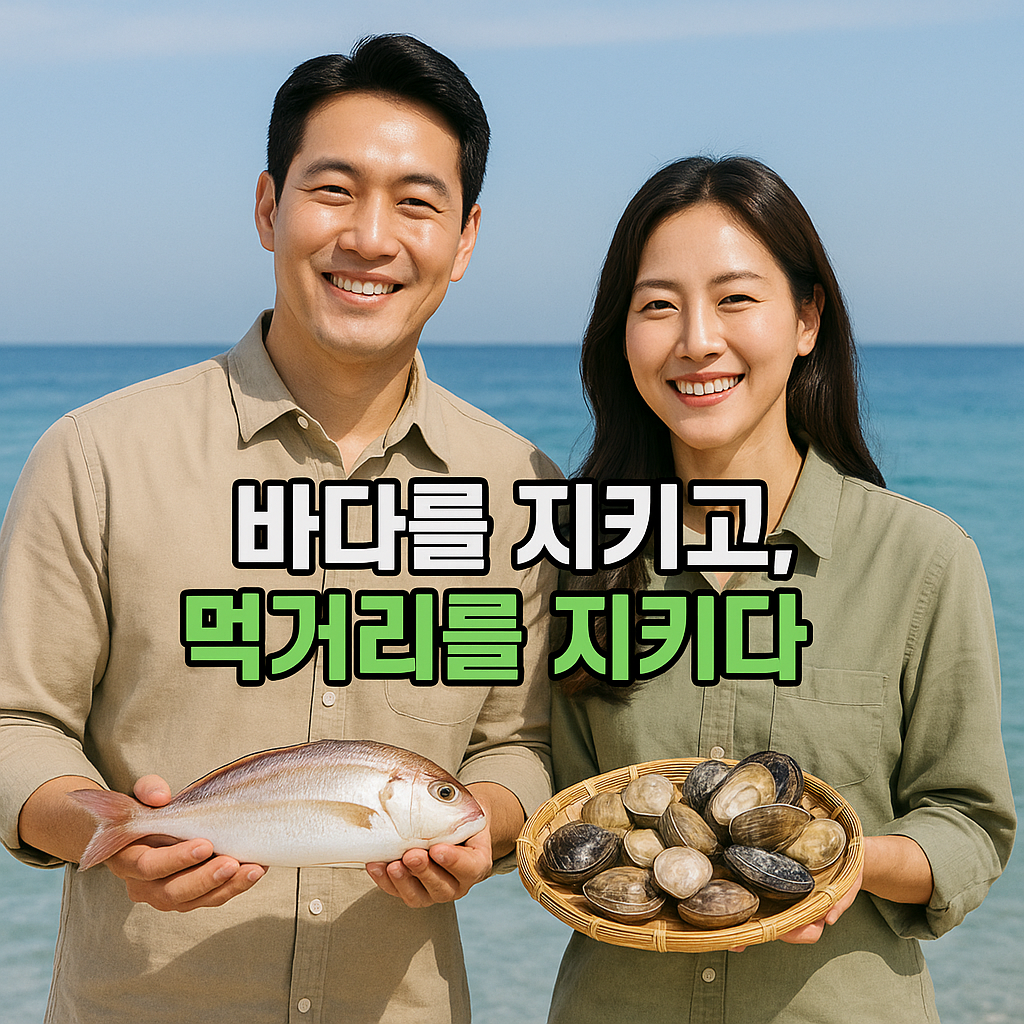 바닷가에서 친환경 수산물을 들고 미소 짓는 부부