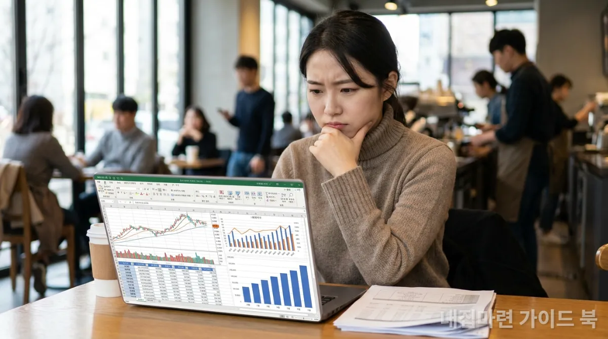 카페에서 복잡한 대출 금리 비교 차트를 보며 고민하는 한국인 여성