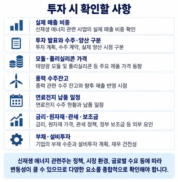 신재생 에너지 관련주 투자 전 매출 비중 수주 양산 정책 원자재 가격 수익성을 확인하는 체크리스트 이미지