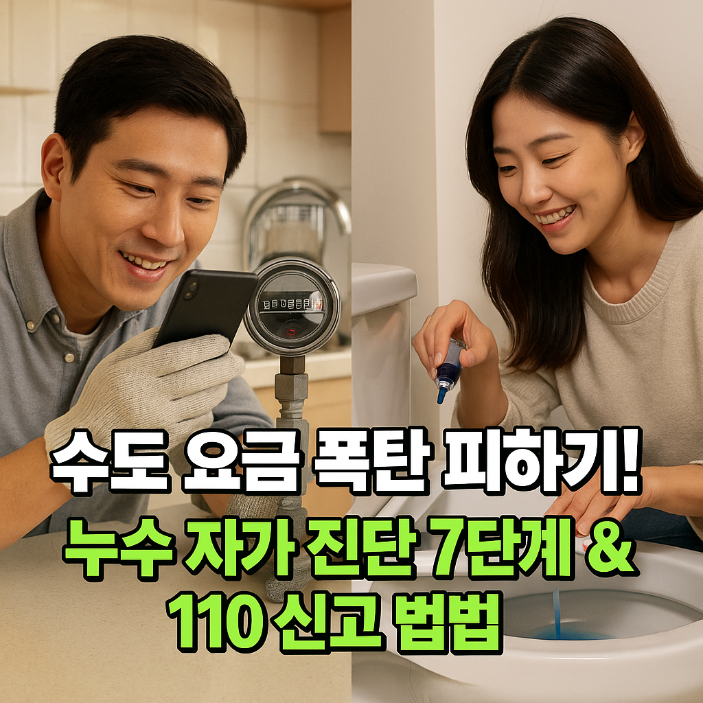 수도미터와 변기 색소 테스트로 누수를 점검하는 부부