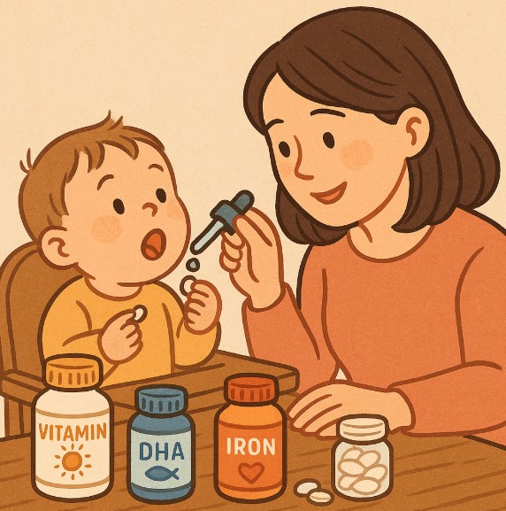 다양한 아기 영양제와 함께 영양제를 섭취하려는 아기와 이를 지켜보는 엄마의 따뜻한 모습