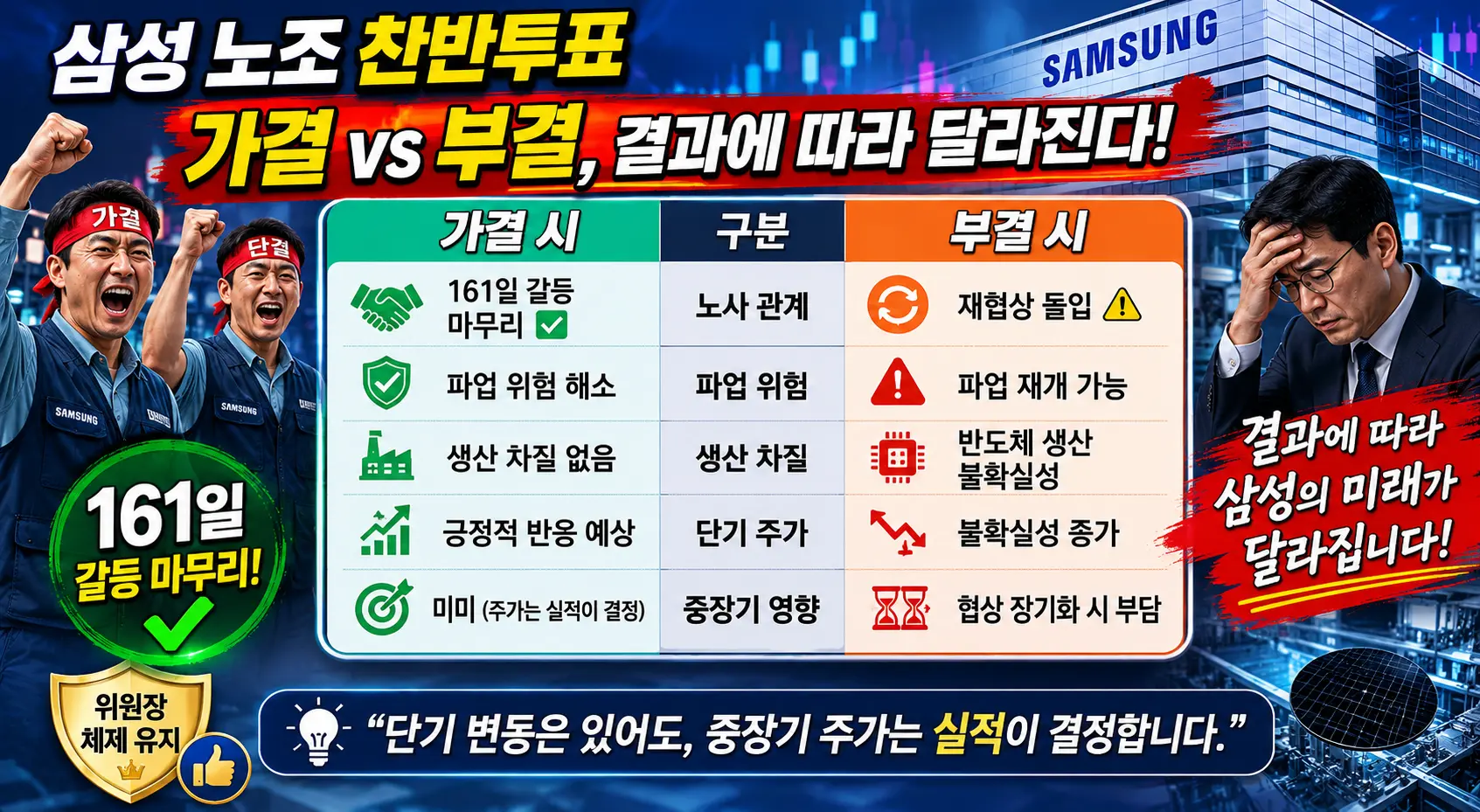 삼성 노조 찬반투표 가결 부결 결과 단기 변동은 있고 중장기 주가는 실적이 결정한다. 이미지