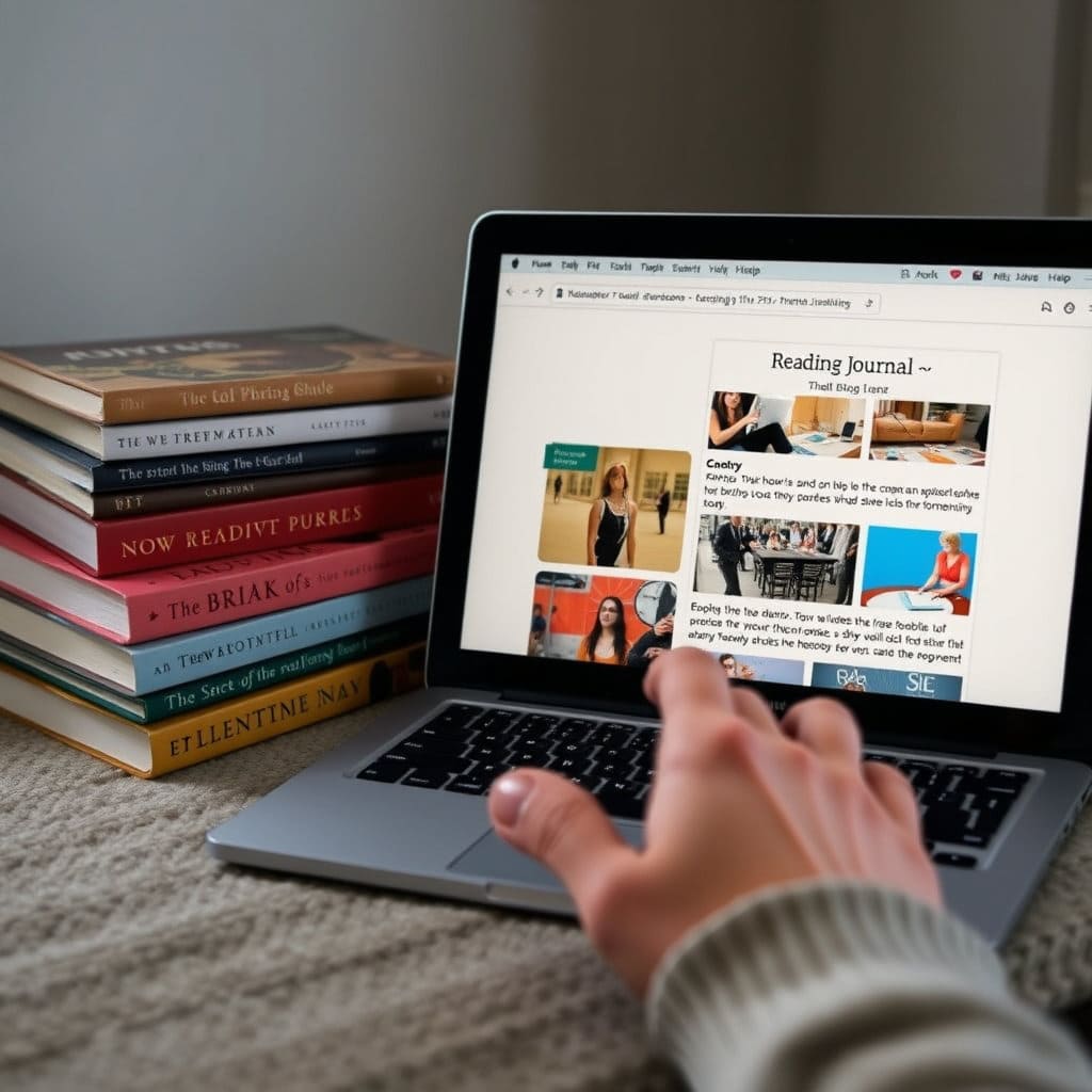 노트북이나 태블릿 화면에 독서일지 앱 또는 블로그 리뷰 작성 화면이 보이고, 그 옆에는 읽었던 책이 놓여 있는 장면을 연출합니다. 손가락이 키보드나 화면을 터치하는 모습을 넣어 활동성을 표현합니다. 창의적이고 사색적인 분위기를 풍기도록 합니다.