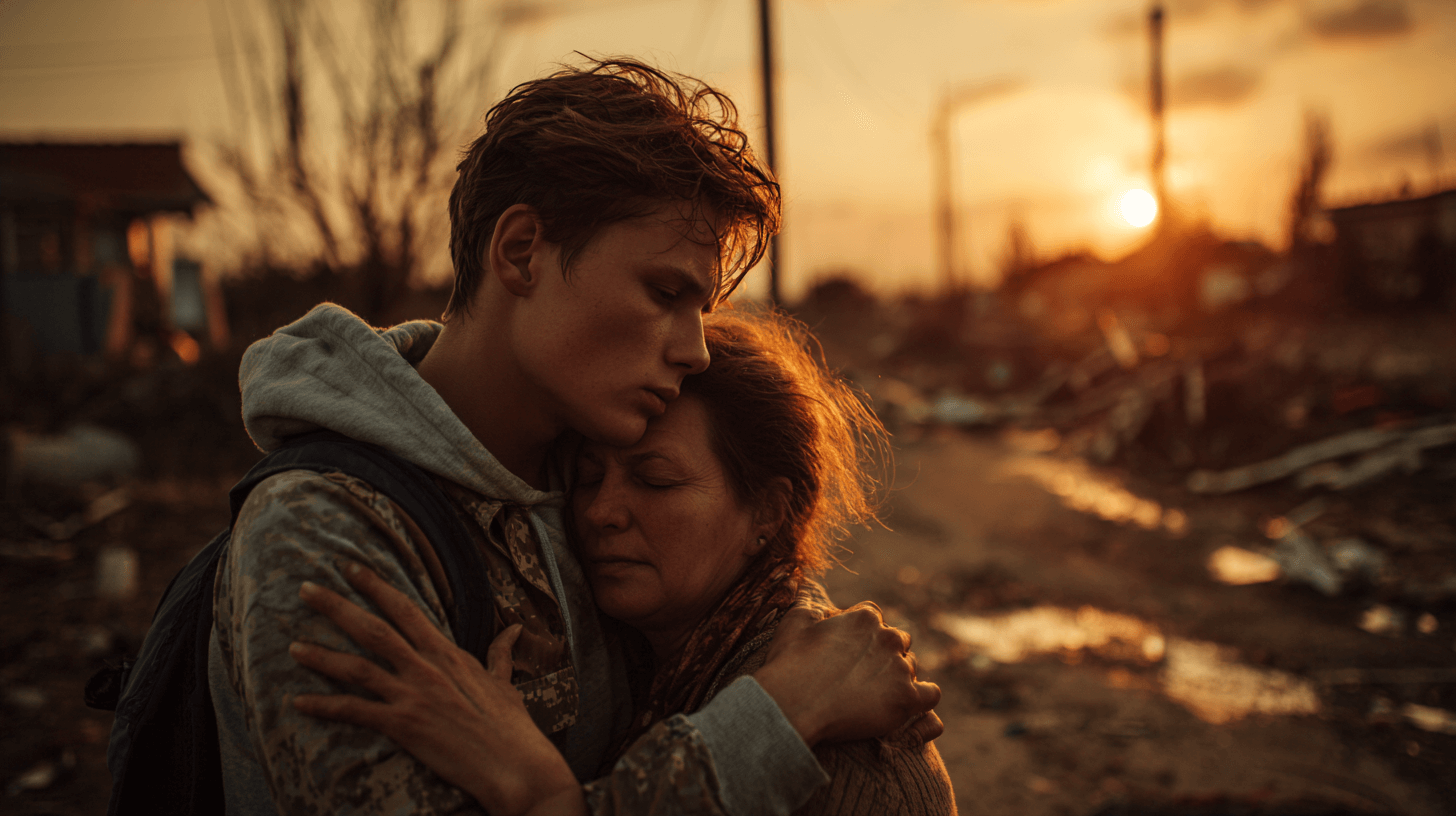 황폐해진-마을-한가운데서-서로-안고-있는-남&amp;#44; 여