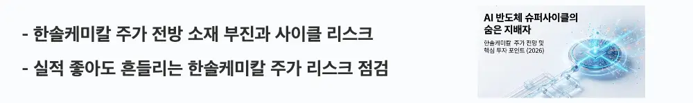 한솔케미칼 주가 전망: '한솔케미칼 주가 전방 소재 부진과 사이클 리스크'라는 문구가 포함된 웹배너 이미지. 이 이미지는 한솔케미칼 주가의 전방 산업 부진과 반도체 사이클 리스크를 시각적으로 전달하며, 블로그의 한솔케미칼 주가 리스크 분석과 관련된 내용을 설명함
