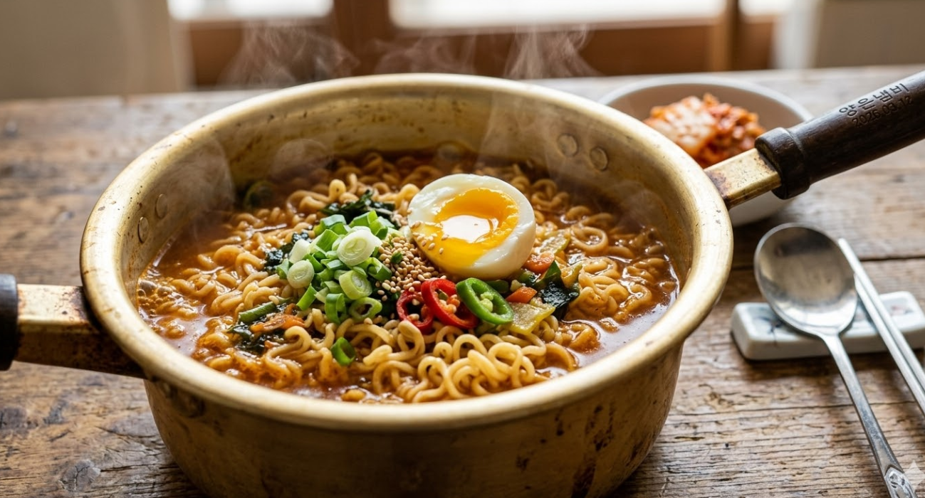 양은냄비에 보글보글 끓인 얼큰한 라면 조리 예시, 안성탕면 진짬뽕 맛있게 끓이는 법