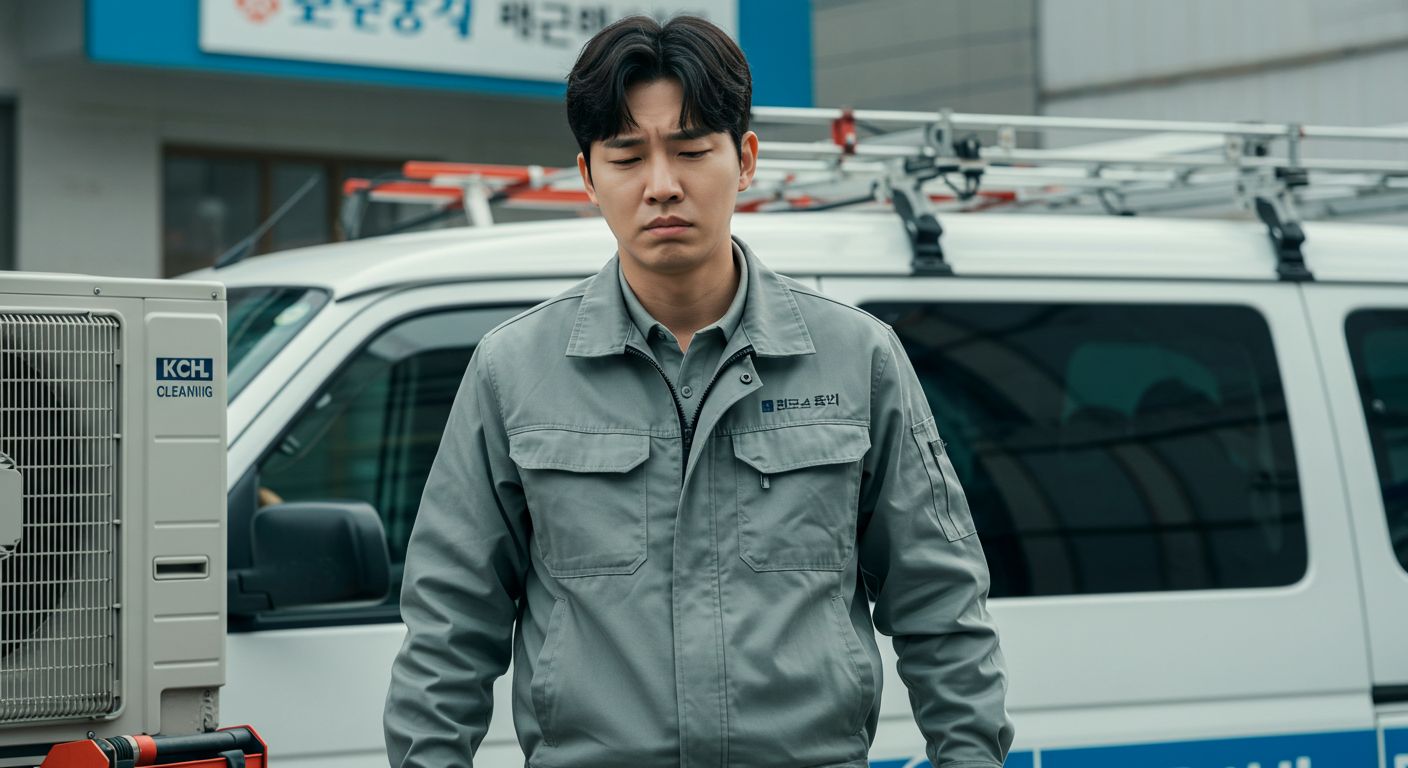 에어컨 청소 작업 후 실망한 표정을 짓는 한국 창업자