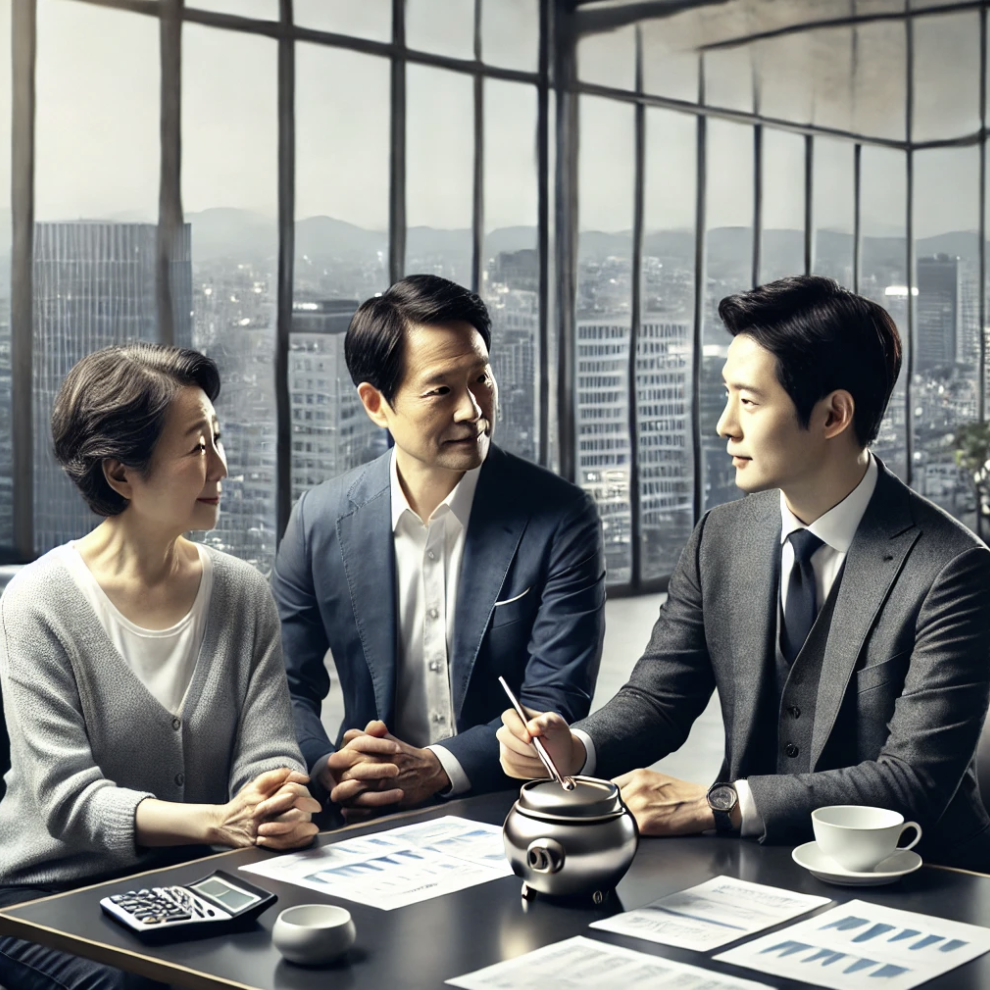 재무 상담가가 중년부부와 연금 계획에 대해 논의