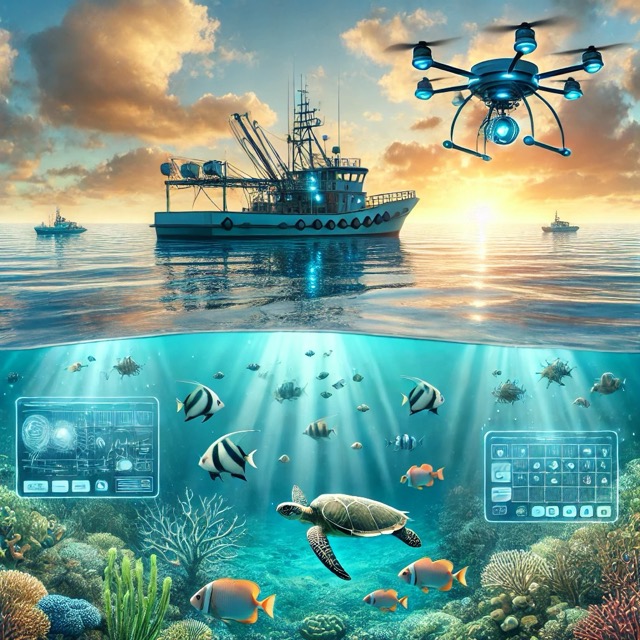 수산업 &times; AI &times; 해양 생태 보호를 잘 표현하는 썸네일 이미지