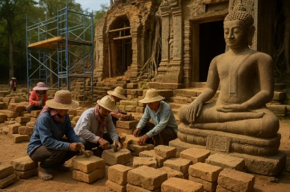 캄보디아 사원 복원 작업 중인 현장, 벽돌을 다듬는 복원 전문가들과 석조 불상
