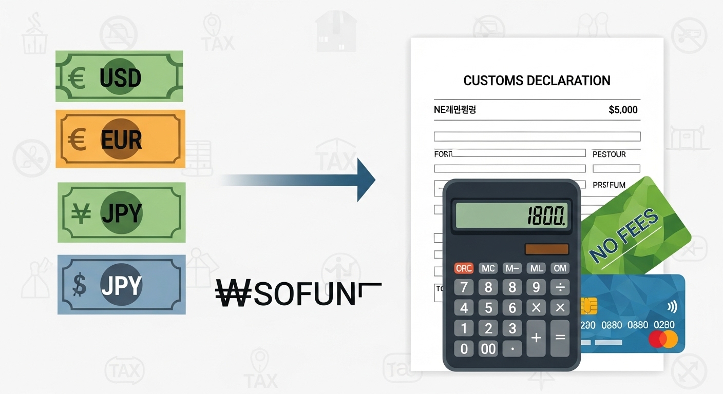 해외 직구 시 관세, 부가세, 그리고 환율을 계산하여 비용을 절약하는 과정을 시각화한 이미지. 면세 기준과 환율 우대 카드를 상징한다.