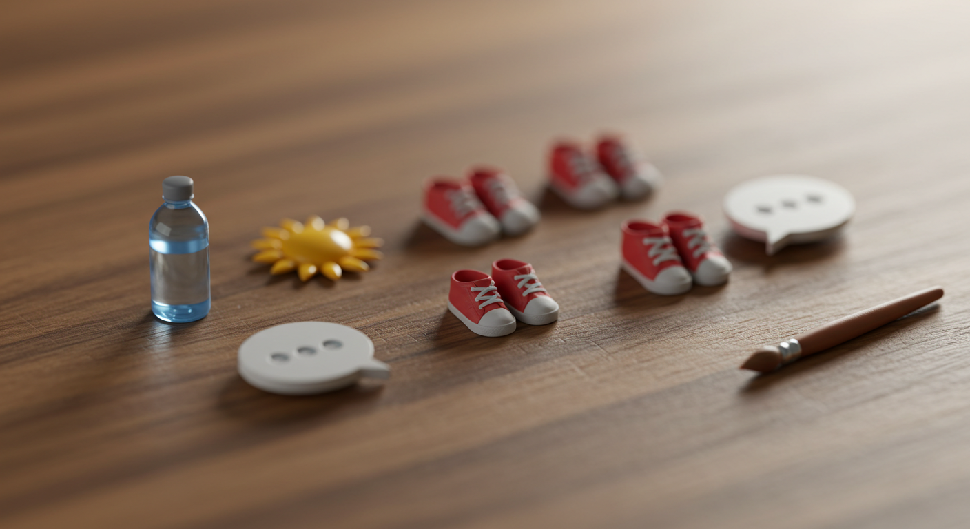 물병, 작은 해 모형, 작은 신발, 대화 말풍선 등 미니어처 소품을 틸트쉬프트로 촬영한 팁 아이콘 이미지