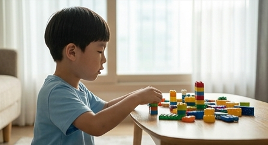 레고 블록으로 혼자 이야기를 만들며 노는 아이
