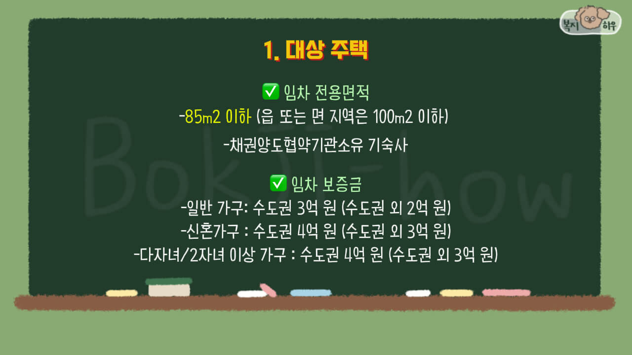 버팀목 전세자금 대출의 대상 주택은 임차 전용 면적과 임차 보증금의 조건을 모두 충족해야 한다.