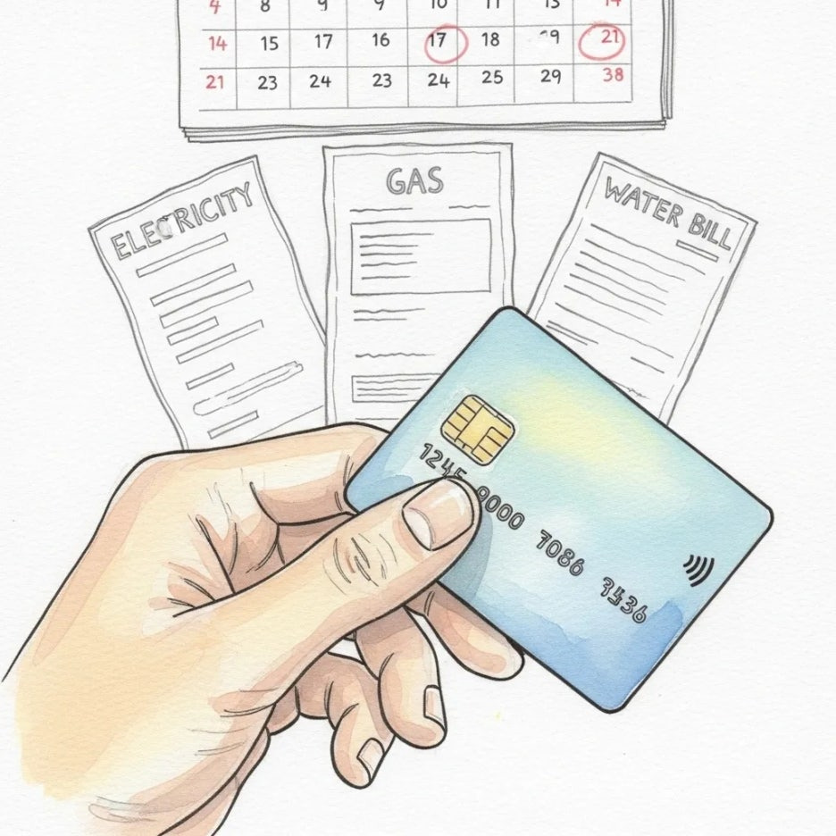 손이 카드를 들고 공과금 고지서를 보여주는 모습