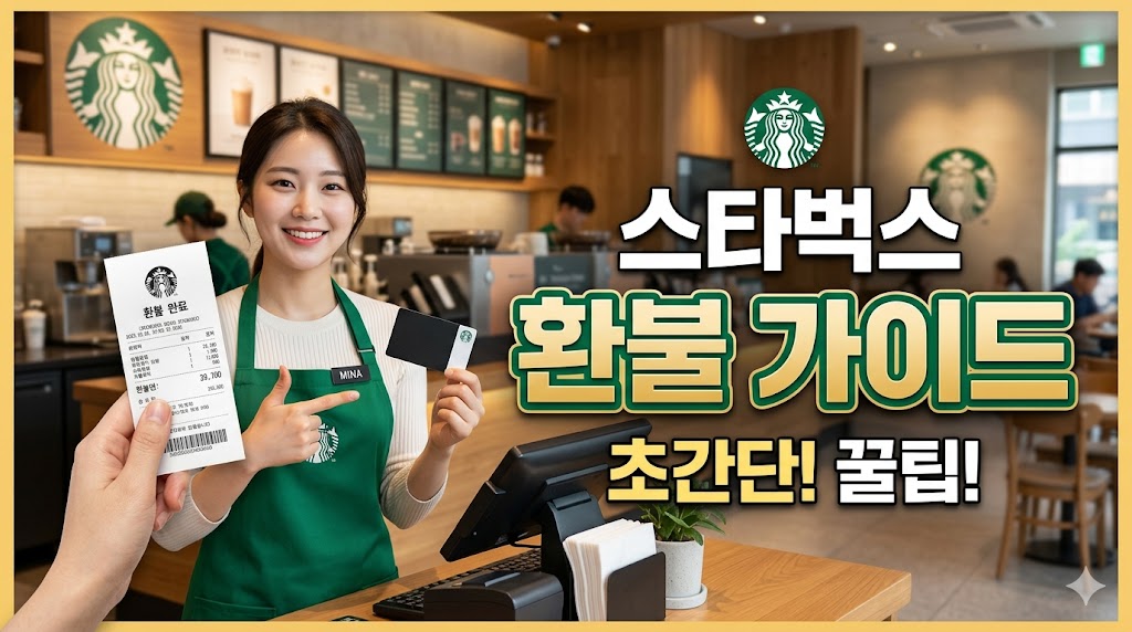 alt="스타벅스 매장 카운터를 배경으로 직원이 환불 완료 영수증과 스타벅스 카드를 가리키며 웃고 있는 모습, 오른쪽에는 '스타벅스 환불 가이드 초간단! 꿀팁!'이라는 굵고 선명한 한글 문구가 적힌 블로그 썸네일 이미지"