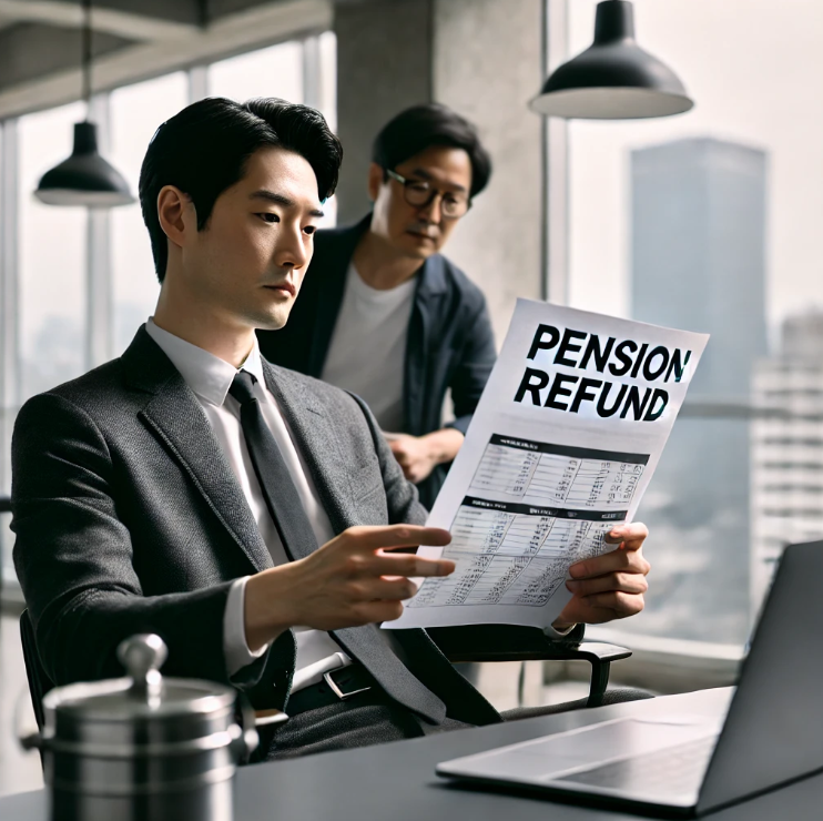 사무실에서 서류를 검토하며 반환일시금을 확인하는 비즈니스맨